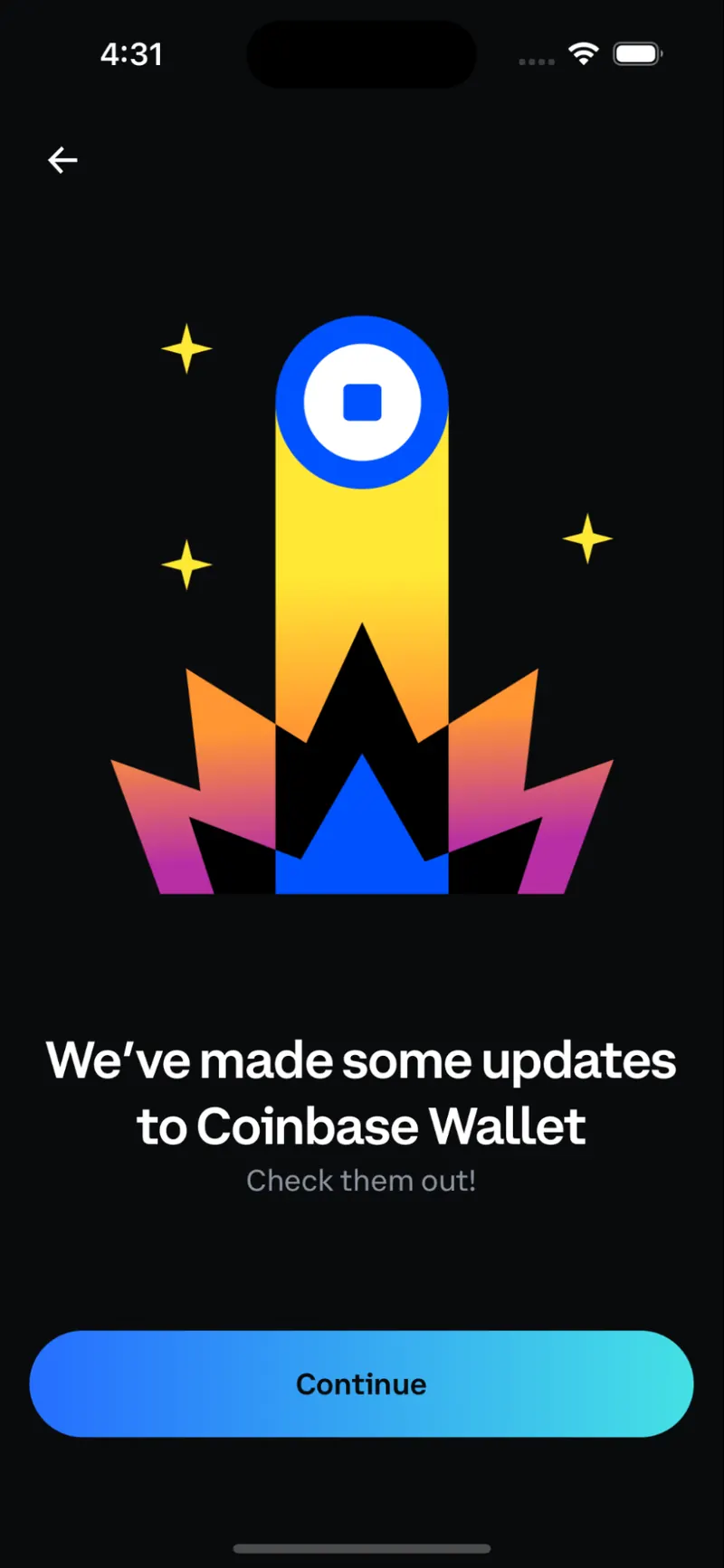 Welcome screen reading We have made some updates to Coinbase Wallet