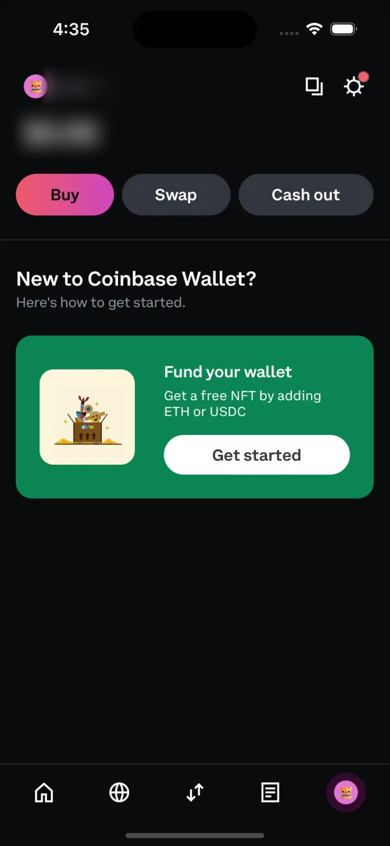 Home at a zero balance, with Buy, Swap and Cash out