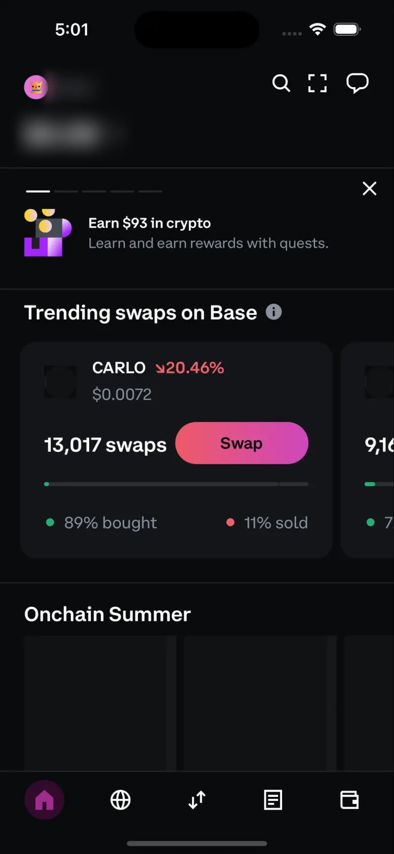 Home with a rewards banner and trending swaps on Base