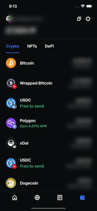 Wallet with Crypto, NFTs and DeFi, and a settings gear on the header
