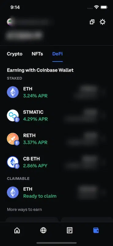 The DeFi tab in Wallet