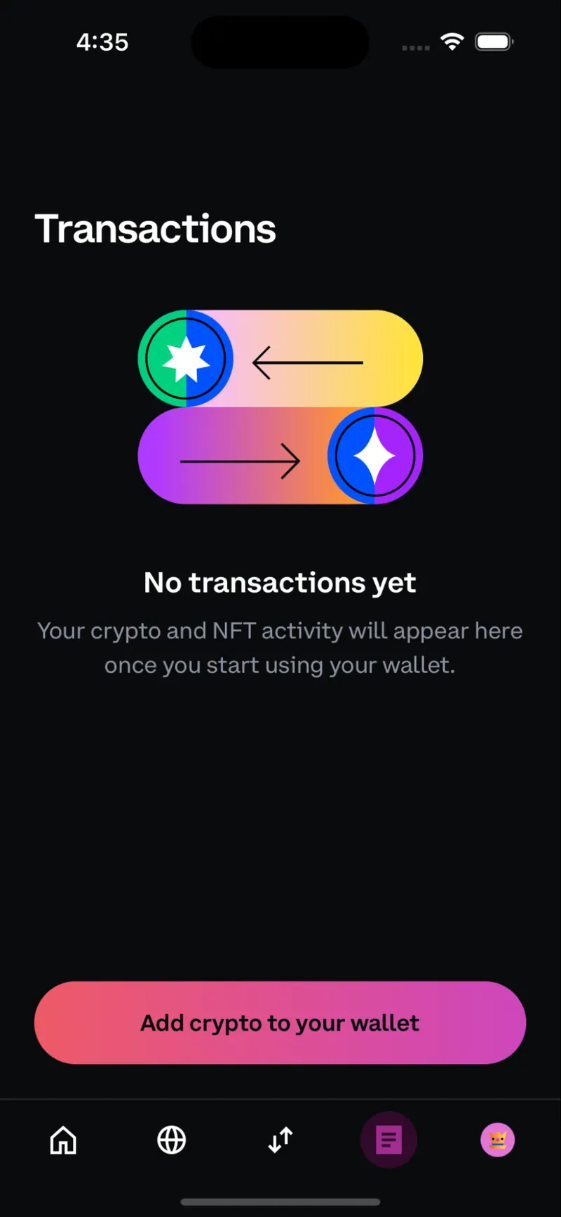 No transactions yet, with Add crypto to your wallet