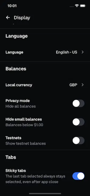 Display settings, with the sticky tabs toggle turned on