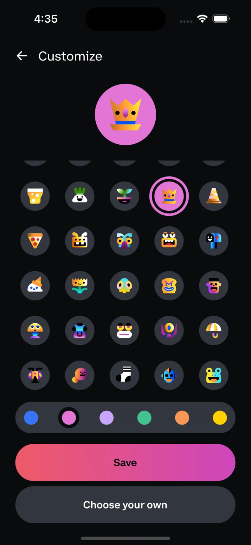 Avatar customize screen with a row of theme colors