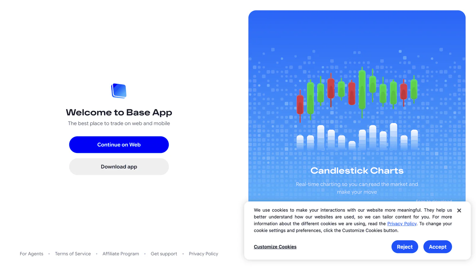 The cookie banner over the Base App homepage, with blue Reject and Accept buttons