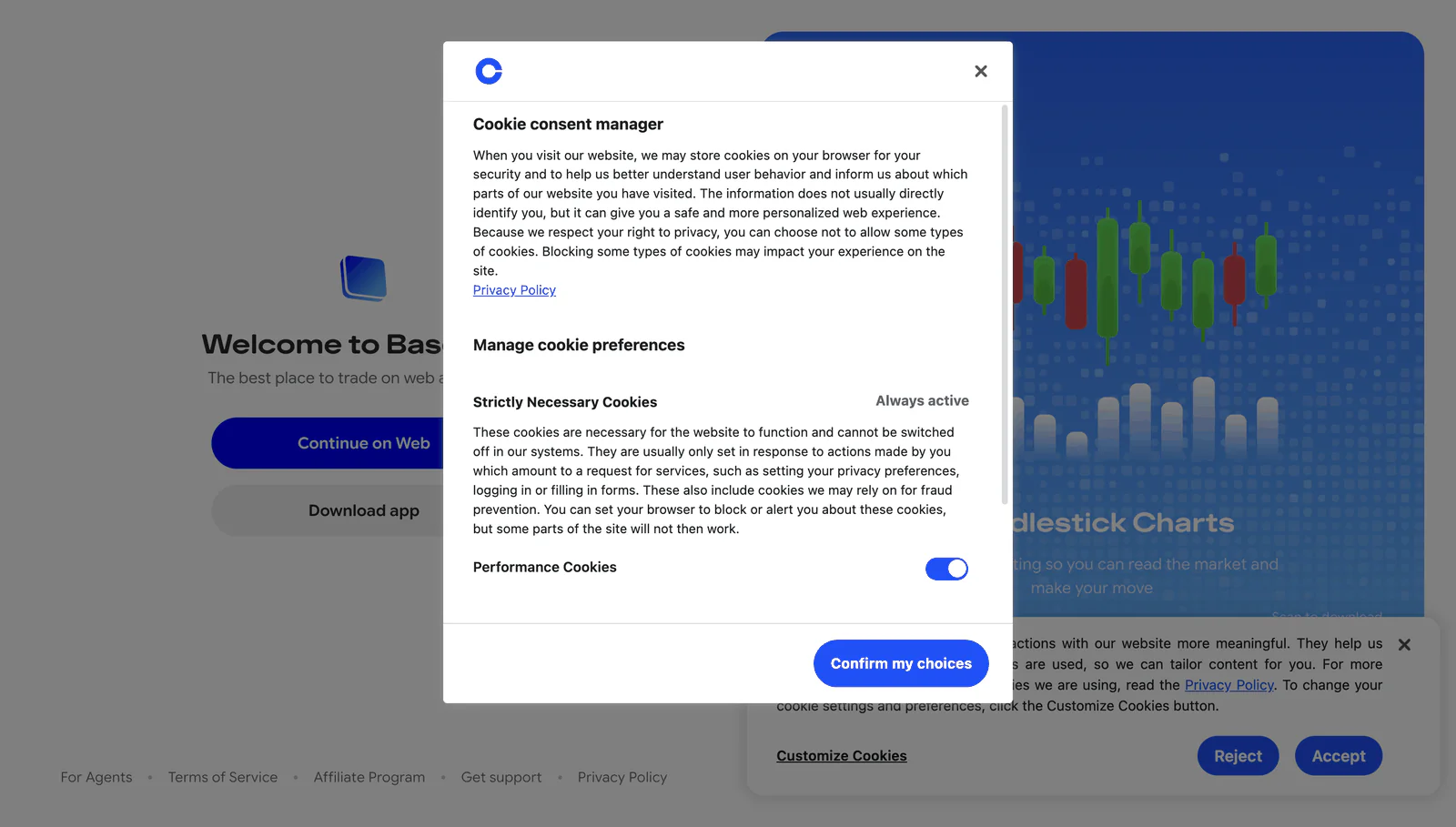 The cookie preferences center open over base.app, with a toggle for each cookie category