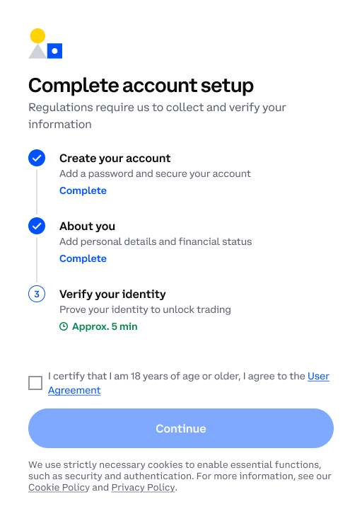 Complete account setup, with Create your account and About you done, and Verify your identity left