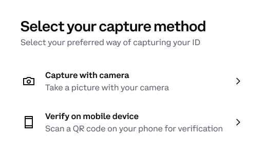 Select your capture method, with Capture with camera and Verify on mobile device