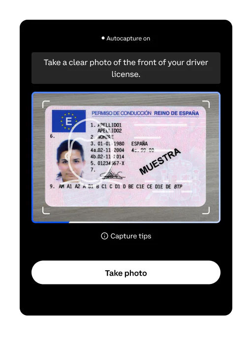 The camera open on a driving licence, with Take a clear photo of the front