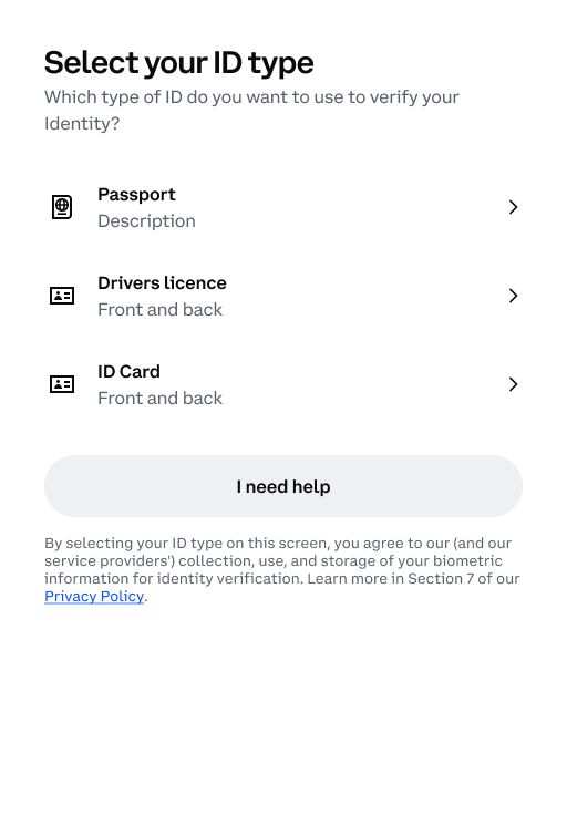 Select your ID type, listing Passport, Drivers licence and ID Card