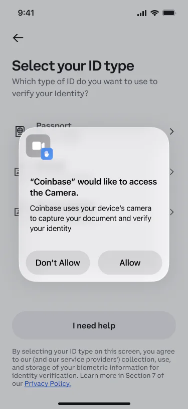 A phone asking to let Coinbase use the camera