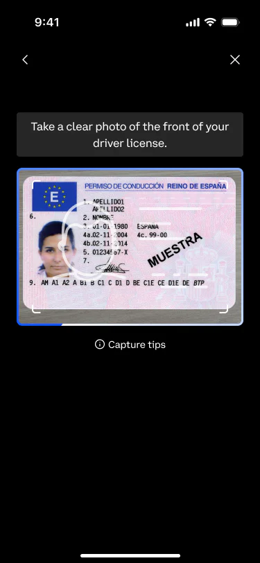 The camera open on a driving licence on a phone