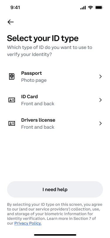 Select your ID type on a phone