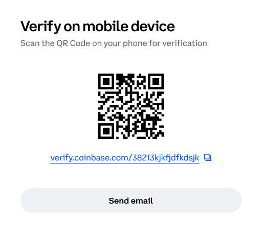 Verify on mobile device, with a QR code and a link to copy