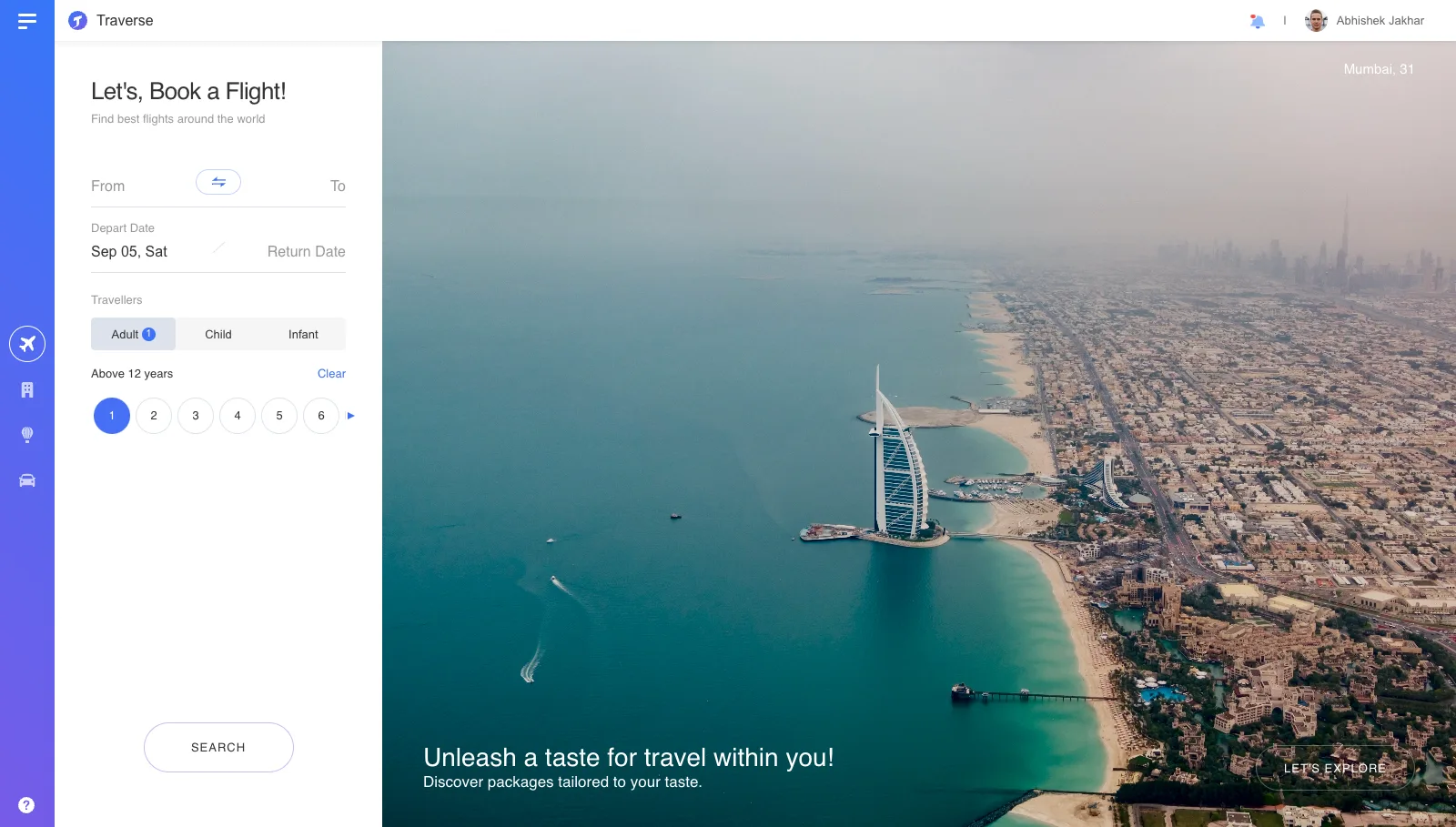 The consumer booking engine on a light background beside a full-bleed photograph of Dubai