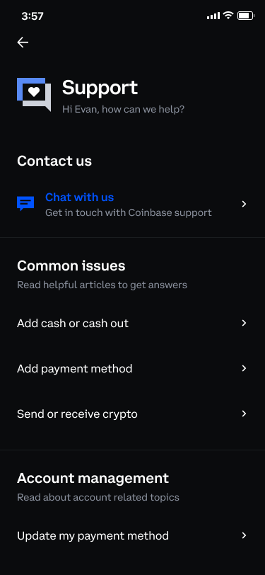 The Coinbase support screen, with Chat with us above a list of common issues