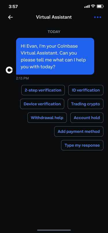 The Virtual Assistant opening the chat, with topic buttons for 2-step verification, ID verification and more